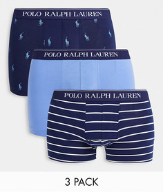 Набор из 3 боксеров-брифов с фирменным поясом синего цвета со сплошным принтом логотипа в виде наездника, голубого цвета и синего цвета в полоску Polo Ralph Lauren-Разноцветный