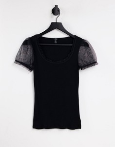 Черная футболка с сетчатыми рукавами River Island-Черный цвет