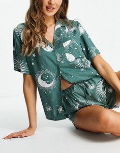Шалфейно-зеленая пижамная рубашка из 100% модала с астрологическим принтом от комплекта ASOS DESIGN-Зеленый цвет