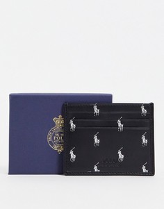 Черный кожаный кошелек для пластиковых карт со сплошным принтом с логотипами Polo Ralph Lauren-Черный цвет