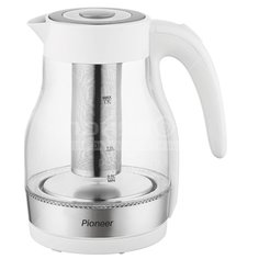 Чайник электрический Pioneer, KE802G, белый, серебристый, 1.7 л, 2200 Вт, скрытый нагревательный элемент, стекло