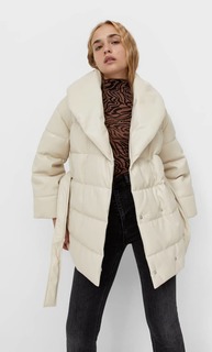 Stradivarius Куртка Из Искусственной Кожи С Поясом И Шалевым Воротником Цвет Небеленого Полотна M