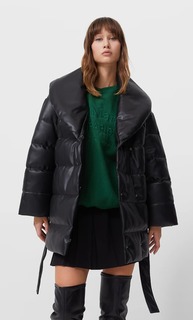 Stradivarius Куртка Из Искусственной Кожи С Поясом И Шалевым Воротником Черный Xs