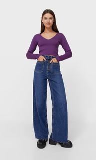 Stradivarius Свитер С V-Образным Вырезом Пурпурный S