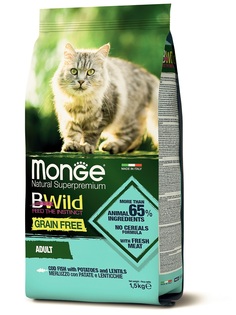 Корм Monge Cat BWild Grain Free беззерновой для взрослых кошек из трески, 1,5кг