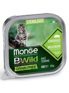 Консервы Monge Cat BWild Grain Free беззерновые для стерилизованных кошек из кабана с овощами, 100гр