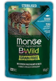 Пауч Monge Cat BWild Grain Free для стерилизованных кошек из тунца с креветками и овощами, 85гр