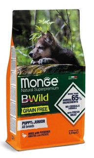 Корм Monge Dog BWild Grain Free беззерновой для щенков всех пород из мяса утки с картофелем, 2,5кг