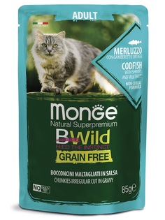 Пауч Monge Cat BWild Grain Free для взрослых кошек из трески с креветками и овощами, 85гр