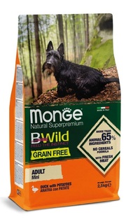 Корм Monge Dog BWild Grain Free беззерновой для взрослых собак мелких пород из мяса утки с картофелем, 2,5кг