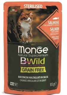 Пауч Monge Cat BWild Grain Free для стерилизованных кошек из лосося с креветками и овощами, 85гр
