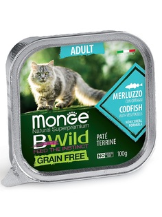 Консервы Monge Cat BWild Grain Free беззерновые для взрослых кошек из трески с овощами, 100гр