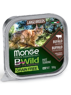 Консервы Monge Cat BWild Grain Free беззерновые для кошек крупных пород из буйвола с овощами, 100гр