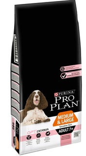 Сухой корм ProPlan для взрослых собак старше 7 лет средних и крупных пород с чувствительной кожей, лосось и рис, 14кг
