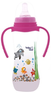 Бутылочка для кормления с ручками Baby Land с узким горлышком и силиконовой соской (цвета в ассорт.), 240мл Apollo