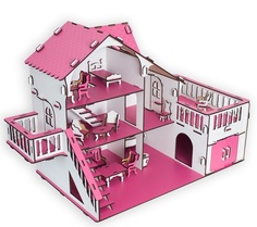 Сборный кукольный домик Эlen Toys с террасой и мебелью, розовый