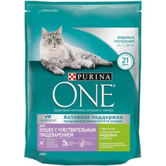Сухой корм Purina ONE для кошек с чувствительным пищеварением с индейкой и рисом, 200гр