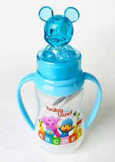 Бутылочка для кормления с ручками Baby Land с колпачком-игрушкой и силиконовой классической соской (цвета в ассорт.), 150мл