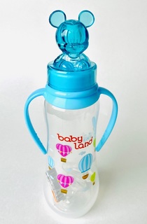 Бутылочка для кормления с ручками Baby Land с колпачком-игрушкой и силиконовой ортодонтической соской (цвета в ассорт.), 240мл