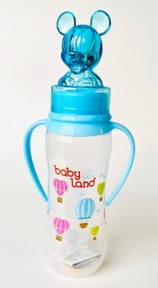 Бутылочка для кормления с ручками Baby Land с колпачком-игрушкой и силиконовой классической соской (цвета в ассорт.), 240мл