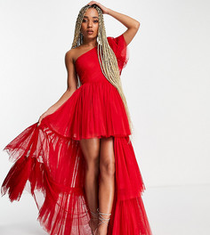 Эксклюзивное красное ярусное платье макси на одно плечо из тюля Lace & Beads-Красный