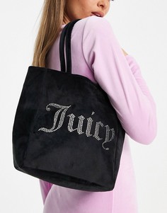 Маленькая черная велюровая сумка-тоут с отделкой стразами Juicy Couture-Черный цвет