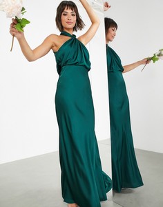 Атласное зеленое платье макси со сборками и бретелькой через шею ASOS EDITION-Зеленый цвет