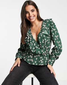 Блузка с запахом и мелким цветочным принтом зеленого цвета New Look-Зеленый цвет