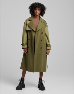 Тренч цвета хаки с деталью на спине Bershka-Зеленый цвет