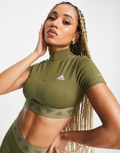 Укороченная футболка цвета хаки на молнии adidas Training-Зеленый цвет