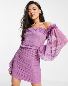 Фиолетовое облегающее платье мини с открытыми плечами из тюля Lace & Beads-Фиолетовый цвет