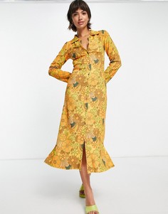 Платье миди в стиле 70-х из переработанного полиэстера теплого желтого цвета на пуговицах с цветочным принтом Damson Madder-Желтый