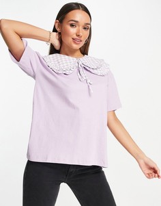 Oversized-футболка с двухслойным воротником в шахматную клетку Neon Rose-Фиолетовый цвет