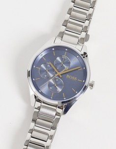 Женские часы с синими циферблатом, хронографом и серебристым браслетом Boss-Серебряный