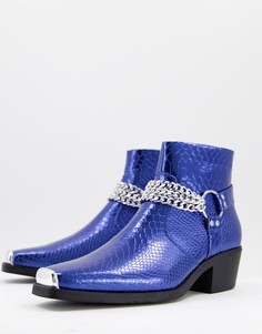 Синие лакированные ботинки челси в стиле вестерн на кубинском каблуке с серебристой цепочкой ASOS DESIGN-Голубой