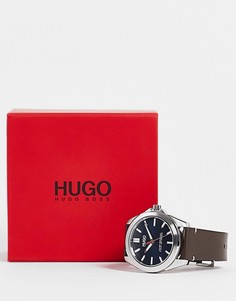 Коричневые кожаные мужские часы с синим циферблатом Hugo-Коричневый цвет