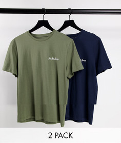 Набор из 2 футболок темно-синего цвета и цвета хаки с фирменной надписью на груди Jack & Jones Essentials-Разноцветный