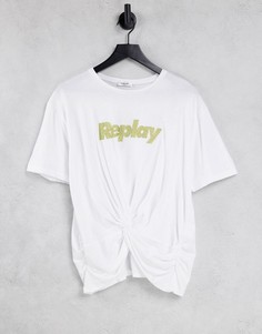 Белая футболка с логотипом и перекрученной деталью спереди Replay-Белый
