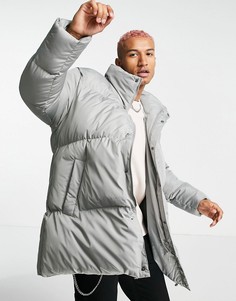 Серая удлиненная куртка-пуховик в стиле oversized ASOS DESIGN-Серый