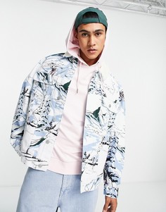 Джинсовая oversized-куртка с воротником из искусственного меха и лыжным принтом ASOS DESIGN-Белый