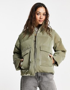 Дутая куртка цвета хаки с легким блеском и съемными рукавами Topshop-Зеленый цвет