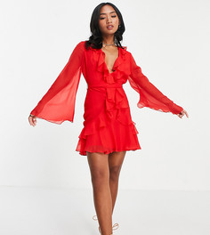 Красное платье мини с оборками, завязкой на талии и расклешенными рукавами ASOS DESIGN Petite-Красный