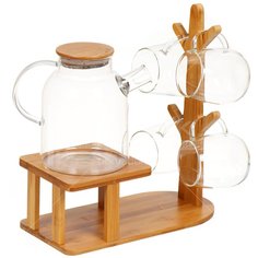 Набор чайный стекло, 5 пр, на 4 персоны, 450 мл, деревянная подставка, Y4-3551