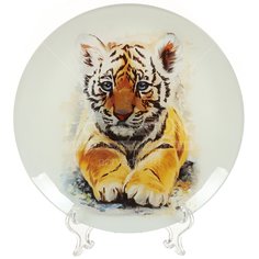 Тарелка обеденная, стекло, 23 см, круглая, Символ Года Тигр на белом