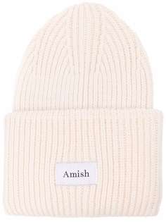 AMISH ribbed-knit logo-pach beanie