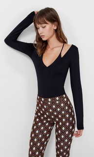 Stradivarius Боди С V-Образным Вырезом И Внутренним Топом На Бретелях Черный S