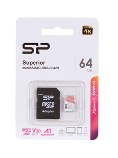 Карта памяти 64Gb - Silicon Power Superior A1 MicroSDXC Class 10 UHS-I U3 SP064GBSTXDV3V20SP с адаптером SD