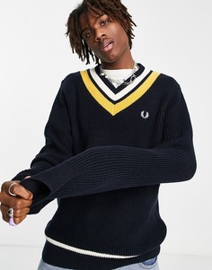 Темно-синий джемпер с V-образным вырезом и полосками Fred Perry