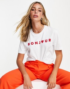 Белая футболка с фирменной надписью "Bonjour" French Connection-Белый