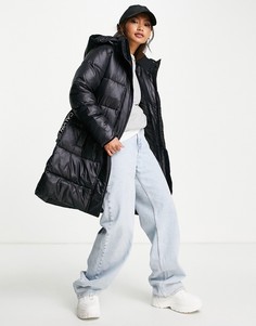 Черный удлиненный пуховик с логотипом на поясе Calvin Klein Jeans-Черный цвет